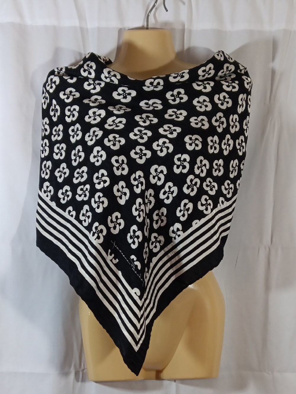 Vintage Jeannene Booher Womens Silk Scarf Black Floral Stripe Large 36" Square